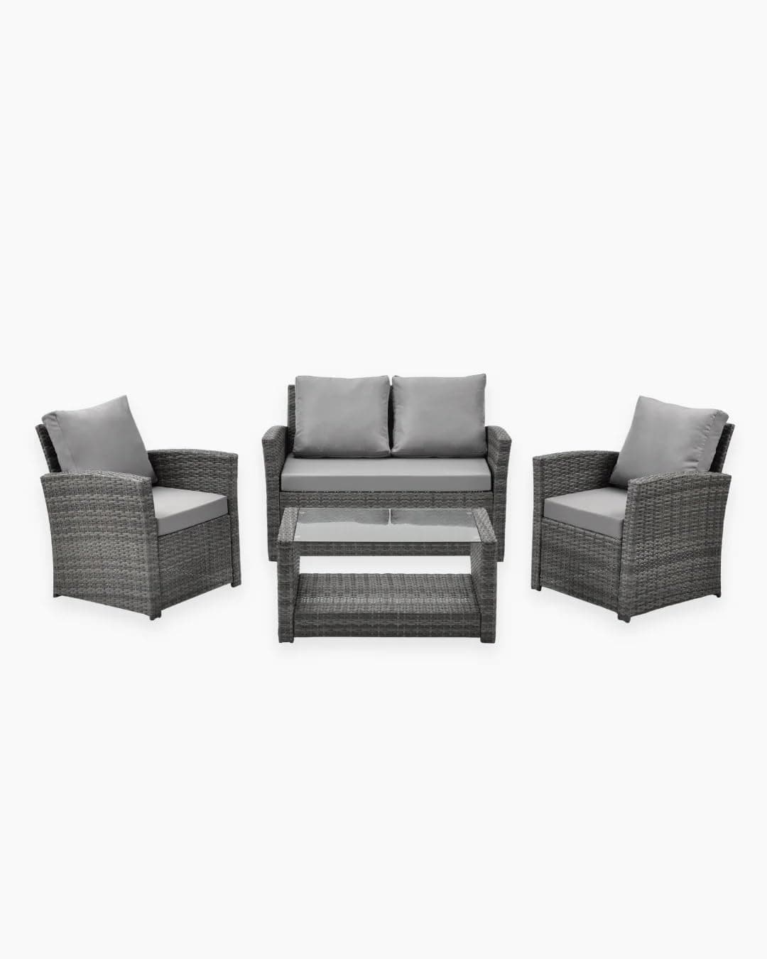 EVRE 4 Seater Rattan Garden Conservatory Patio Furniture Sofa Armchair Roma Set with Glass Top Coffee Table Wicker Weave Sofa and Cushions (Grey)