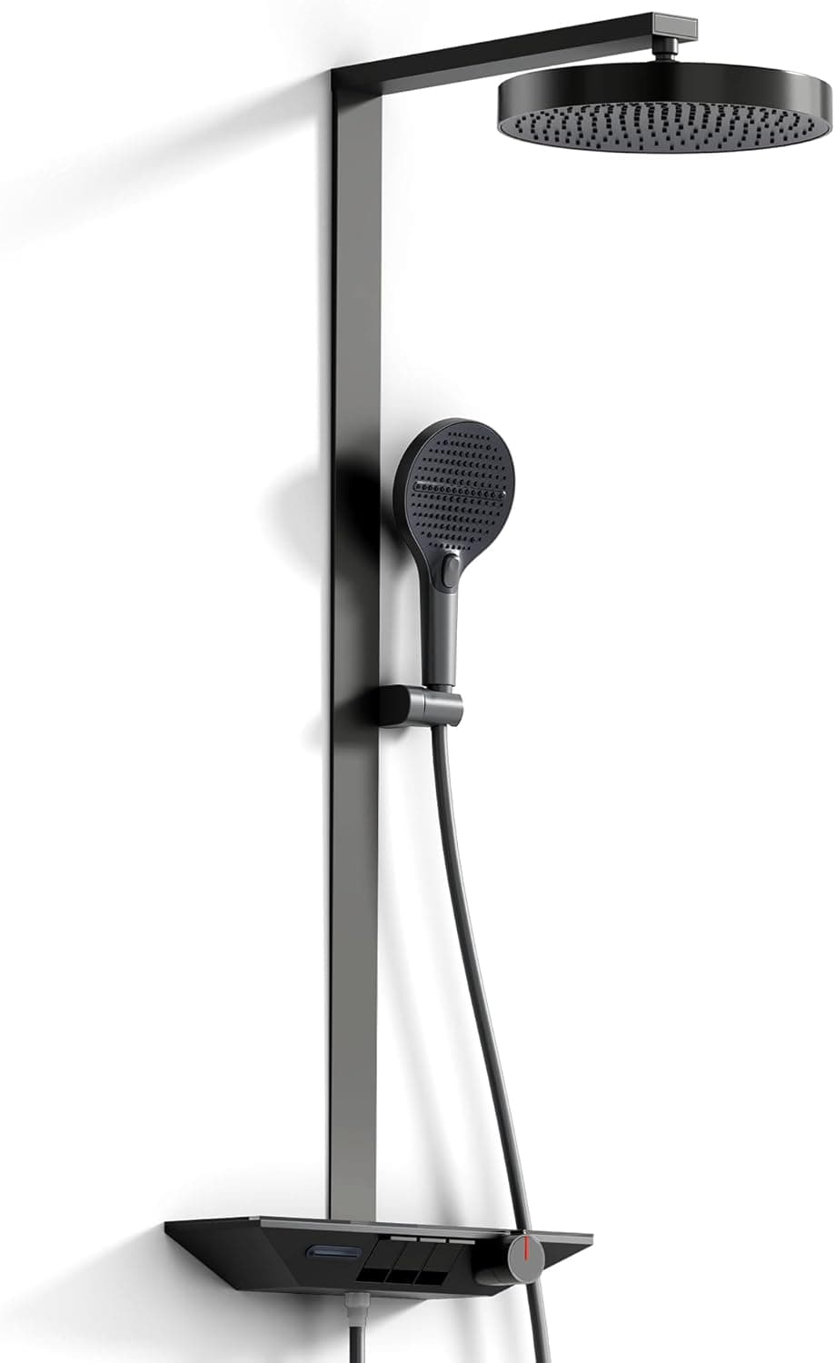 Alphabath Thermostatic Shower Mixer Set for Bathroom, 30 cm Rainfall Shower Head and Hose Set, 3 Jet Types Handheld Shower, Height Adjustable Shower System with Glass Shelf, Grey