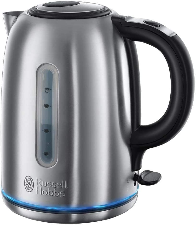 Russell Hobbs Brushed Stainless Steel Electric 1.7L Cordless Kettle (Quiet &amp; Fast Boil 3KW, Removable washable anti-scale filter, Push button lid, Perfect pour spout) 20460