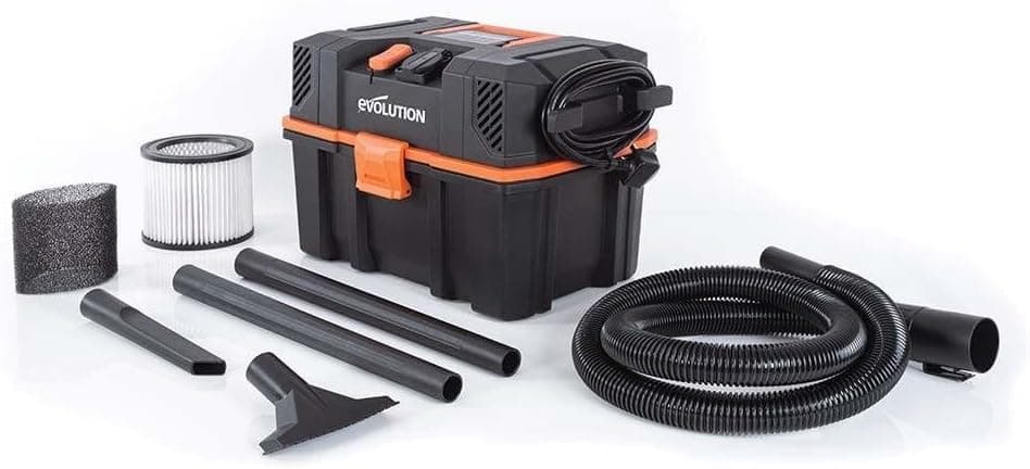 Evolution Power Tools R15VAC Vacuum Cleaner Wet and Dry Vac, Portable and Lightweight Ideal Dust Extractor for Saw Dust in Workshops, With Power Take-Off, Corded, Orange