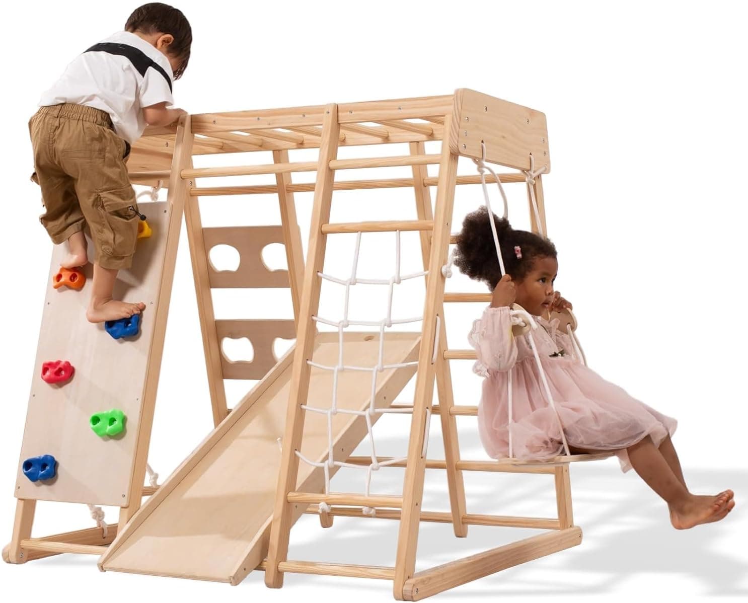Giant bean Indoor Climbing Frame for Toddlers, Jungle Gym for 2-5yrs Kids | Toddlers Climber Toys 8-in-1 with Slide, Rock Climb Wall, Monkey Bars, Wood &amp; Rope Ladder, Climbing Rope &amp; Wall