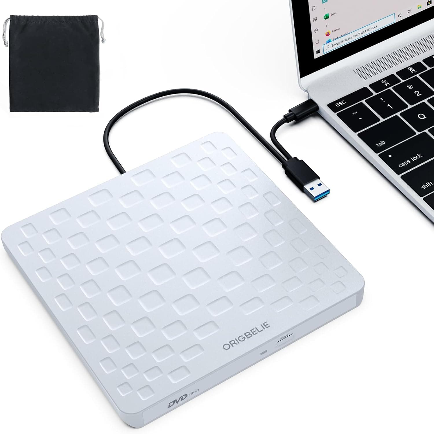 ORIGBELIE External CD/DVD Drive for Laptop, Ultra Slim 13mm USB 3.0 Type-C Portable DVD Player CD Burner Reader Writer Recorder for Desktop PC Windows 11/10/8/7 Linux Mac OS, White