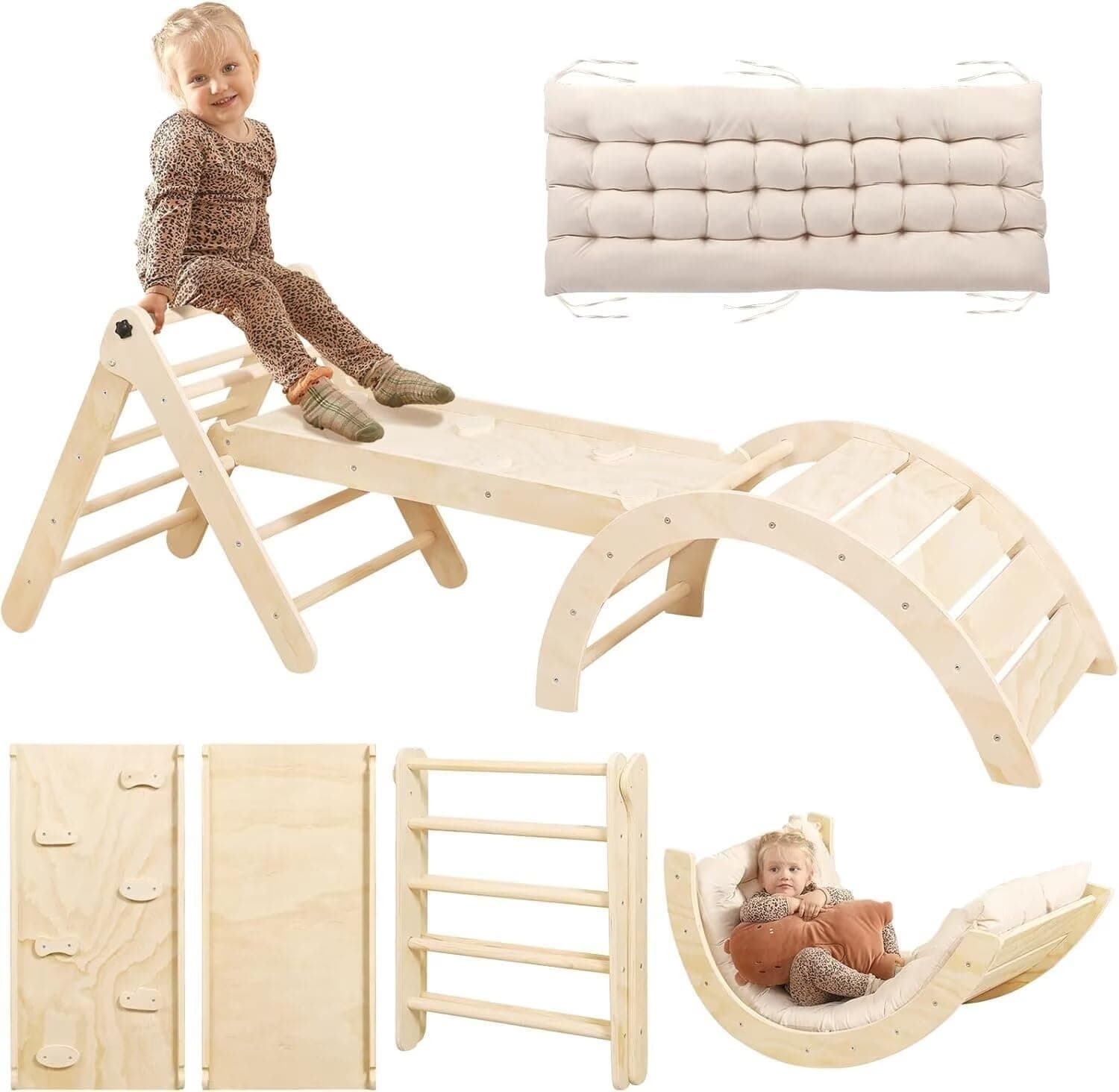 khlerox Climbing Frame with Soft Cushion, 7 in 1 Foldable Indoor Climbing Frame, Montessori Baby Toddler Climbing Toys Indoor, Climber Indoor Set with Arch, Ramp, Ladder (Natural Wood)