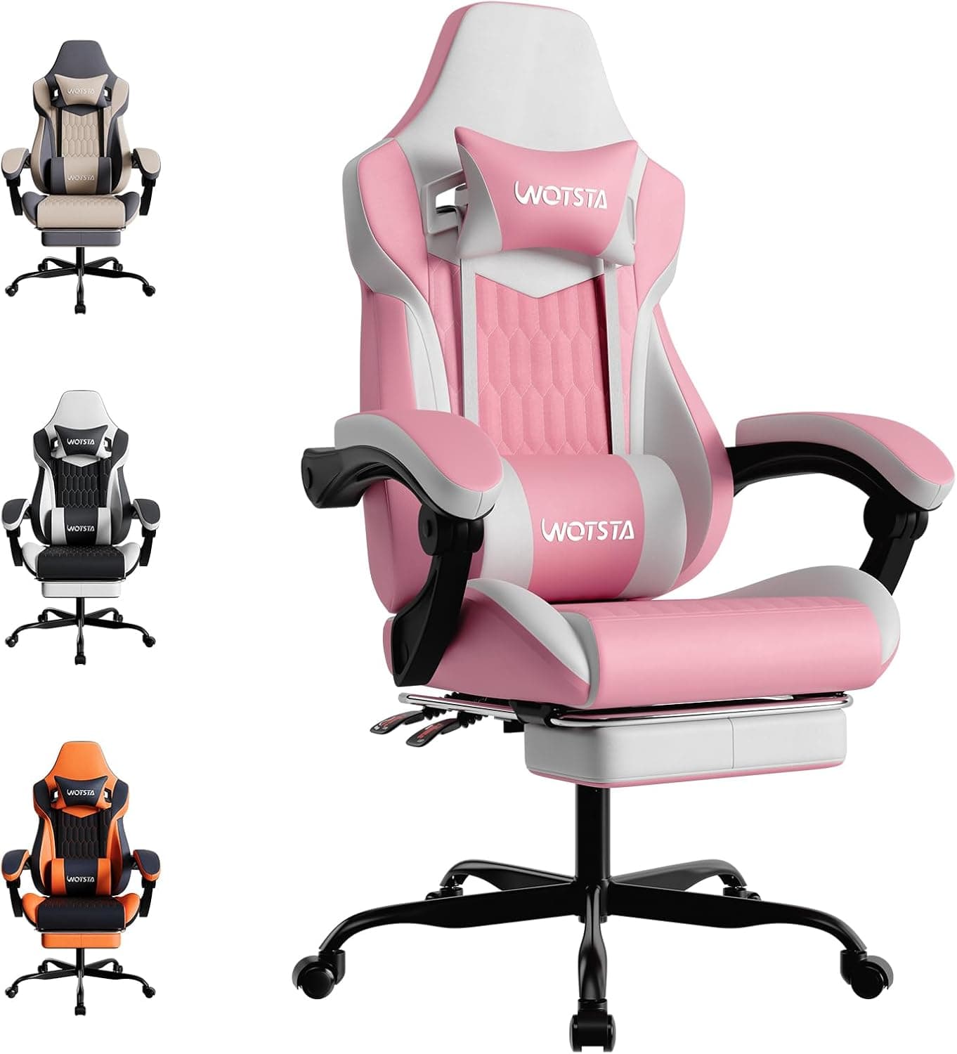 WOTSTA Gaming Chair, Ergonomic Gaming Chair with Footrest and Lumbar Support, Computer Chairs, Height Adjustable Computer Racing Gamer Chairs for Gaming or Office, Pink White