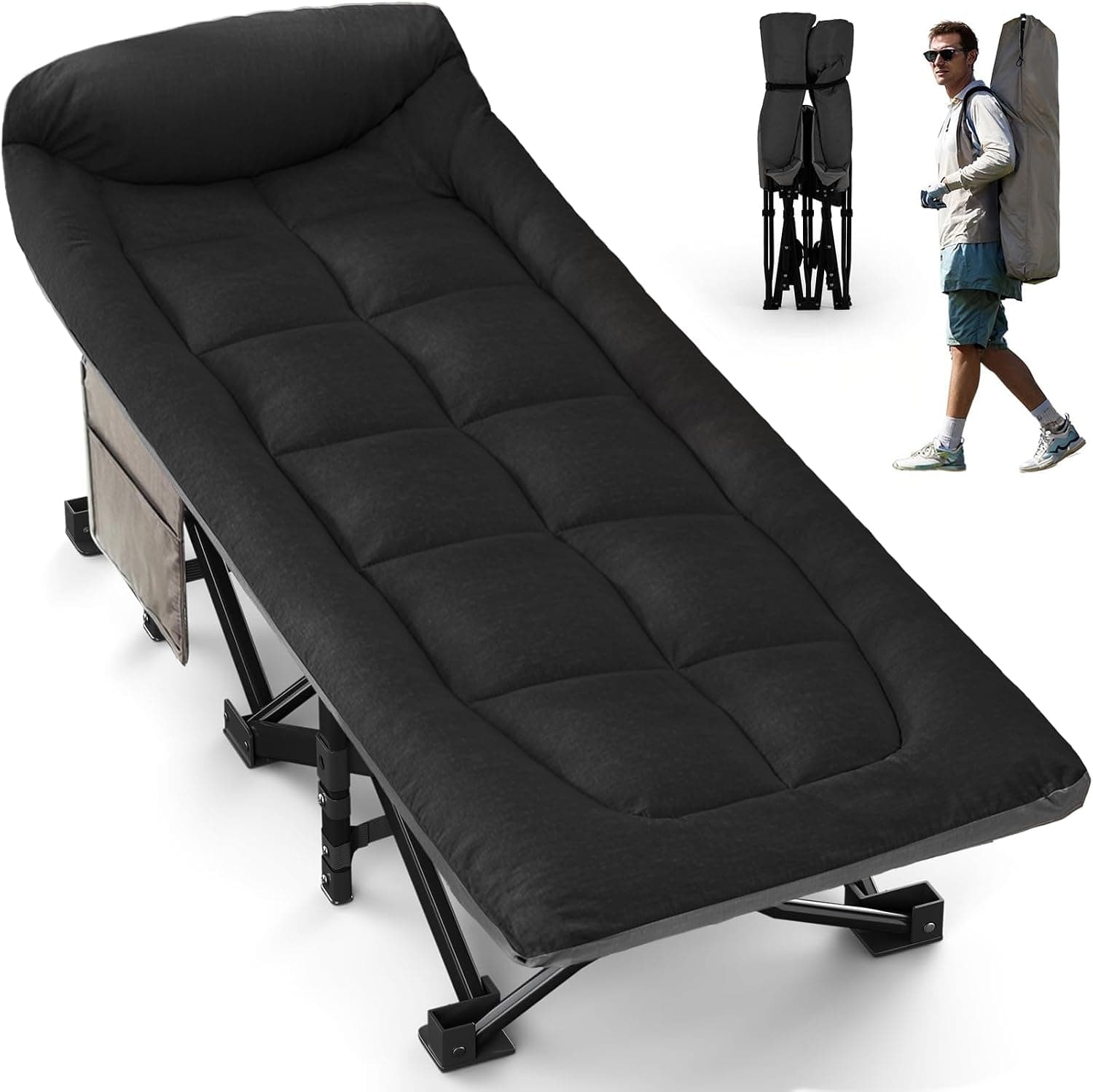 OVERMONT 28" Extra Wide Padded Folding Camping Beds for Adults - Comfortable Portable with Cushion and Pillow - Folding Cot with Carry Bag Supports 550 lbs for Outdoor Travel Home Office Nap