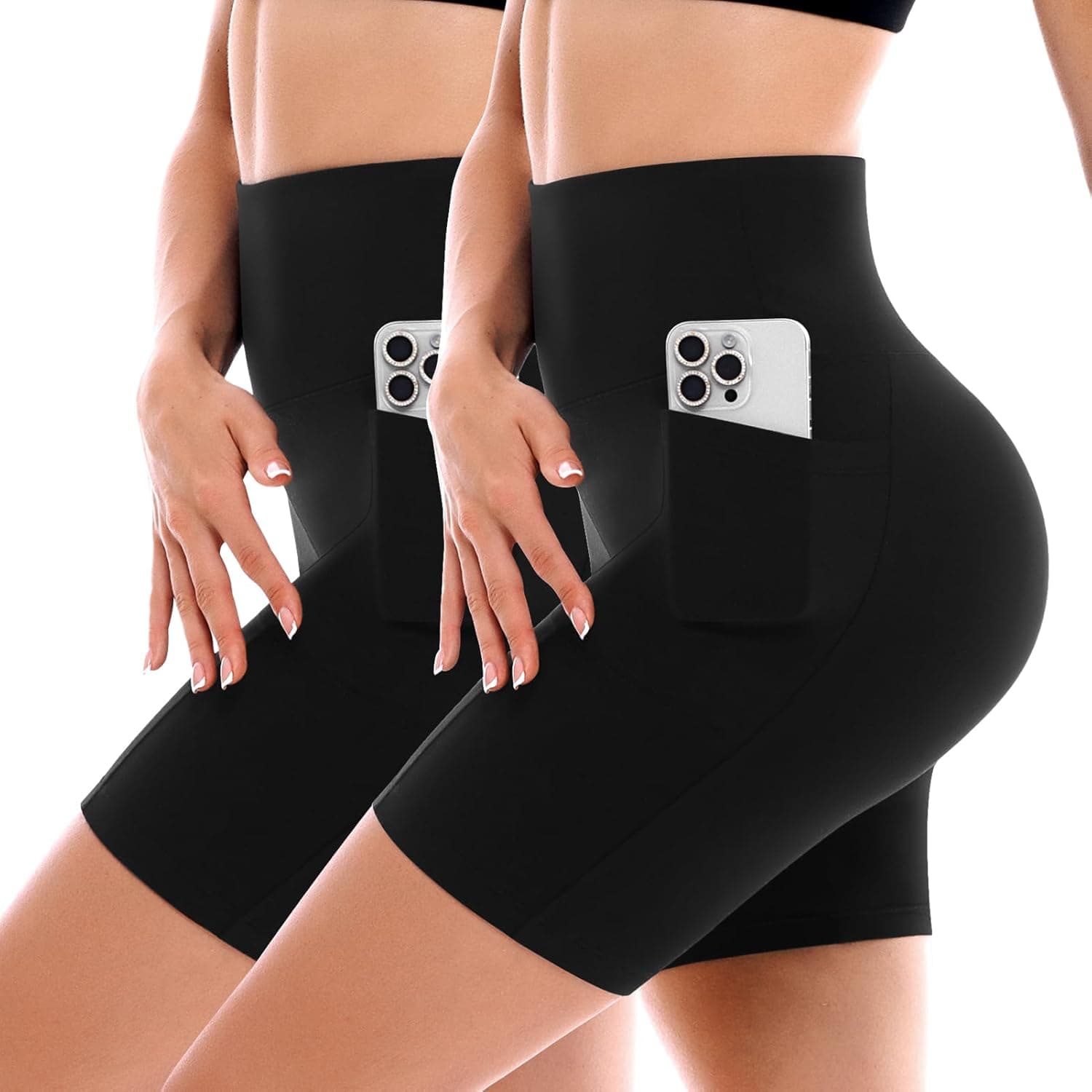 SINOPHANT 2 Pack Cycling Shorts Women with Pockets High Waist Biker Yoga Running Gym Workout Buttery Soft Athletic Black SM