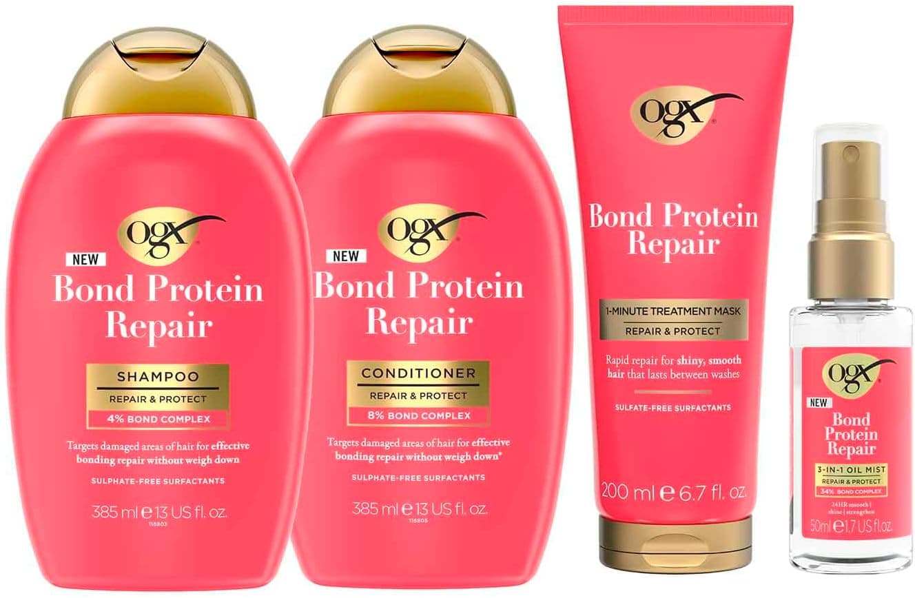 OGX Bond Repair Essentials Bundle for Damaged, Normal/Thick Hair, Shampoo (385ml) &amp; Conditioner (385ml), 1-Minute Treatment Mask (200ml) and 3-in-1 Oil Mist (50ml), Protection for Stronger Hair