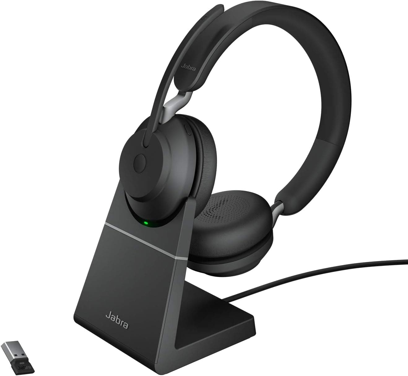 Jabra Evolve2 65 Wireless PC Headset with Charging Stand – Noise Cancelling Microsoft Teams Certified Stereo Headphones With Long-Lasting Battery – USB-A Bluetooth Adapter – Black