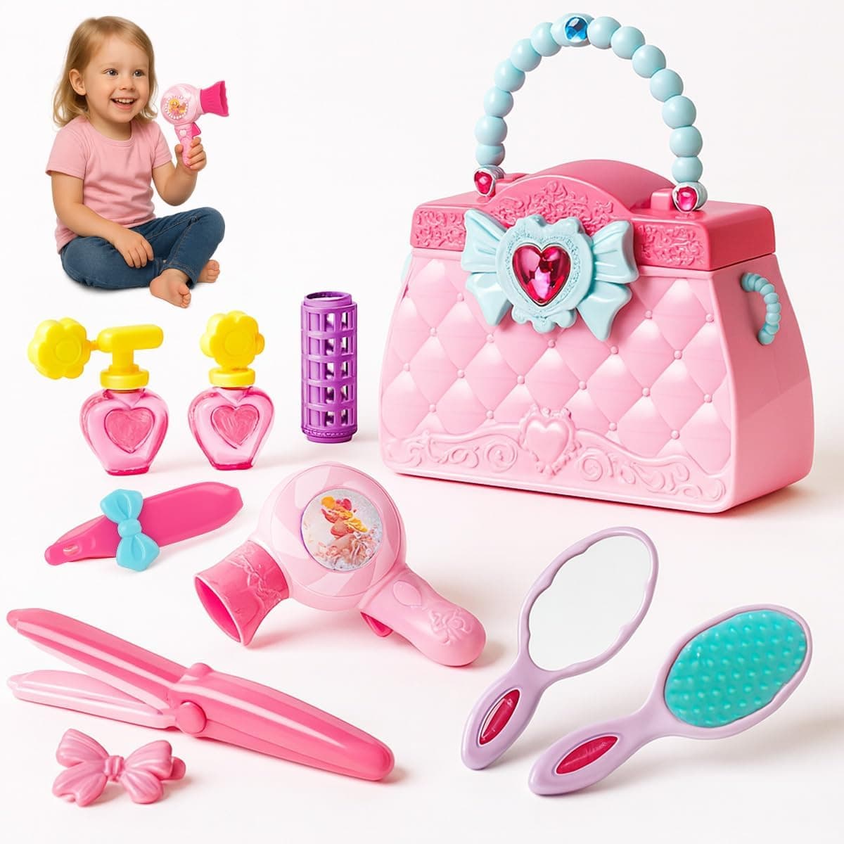 Toyana 10 Pcs Pretend Play Hair Styling Beauty Set Kids Vanity Handbag Kit with Toy Blow Dryer, Straightener, and Mirror Realistic Beauty Salon Playset Stylist Accessories Fun Gift for Girls 3+ Years