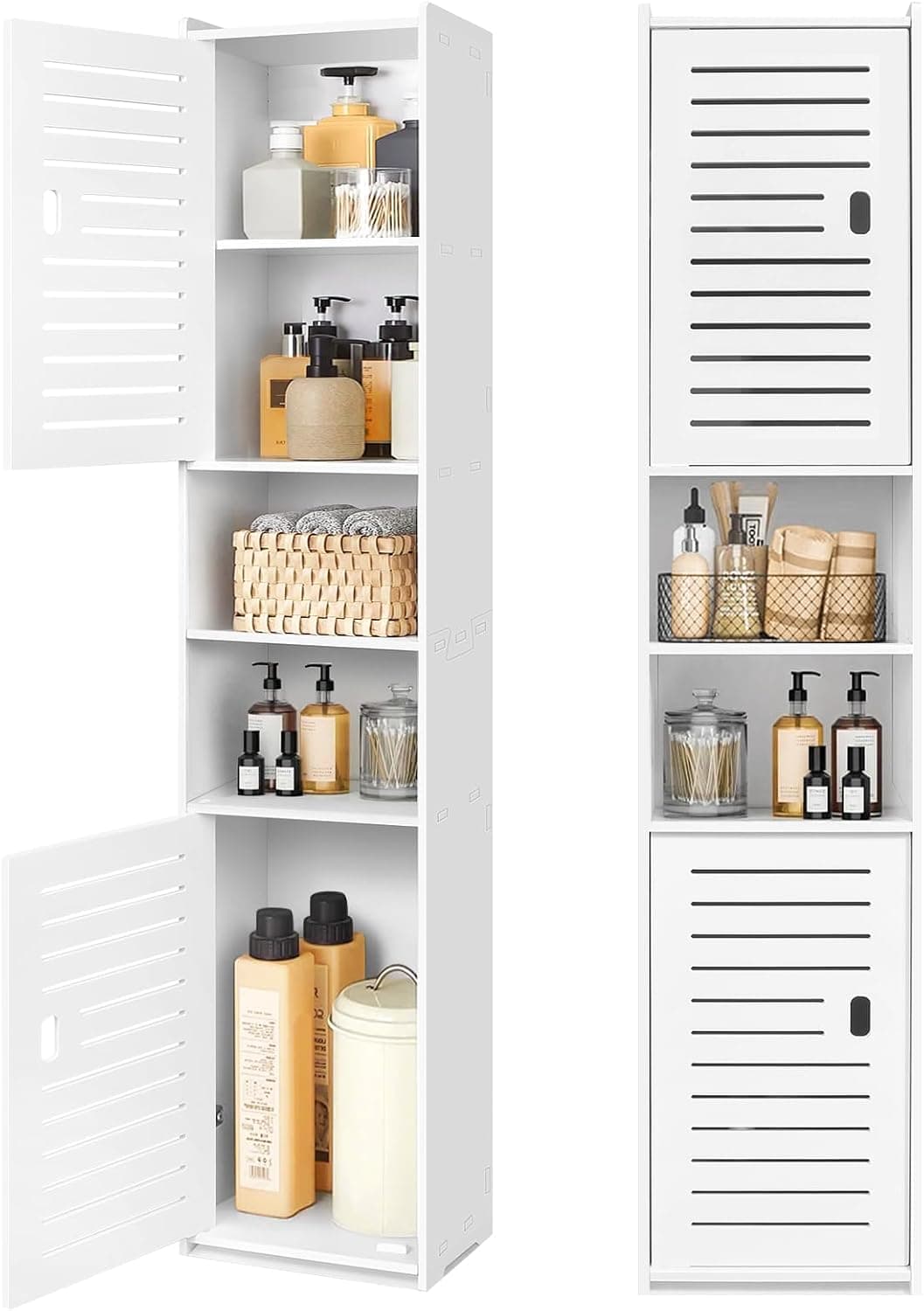 OUDIE Tall Bathroom Storage Cabinet, Floor Free Standing Display Cabinet, Slim Storage Furniture Organizer Unit for Office Living Room Kitchen Entryway Toilet Paper, White
