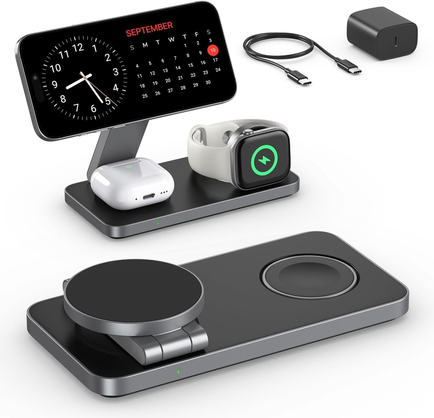 Keepro 3 in 1 Wireless Charging Station for iPhone Magnetic Portable, Fast Wireless Charger Stand for iPhone Air/17e/17/16/15/14/13/12, AirPods Pro 3 2 Apple Watch (Adapter Included)-Black: Amazon.co.uk: Electronics &amp; Photo