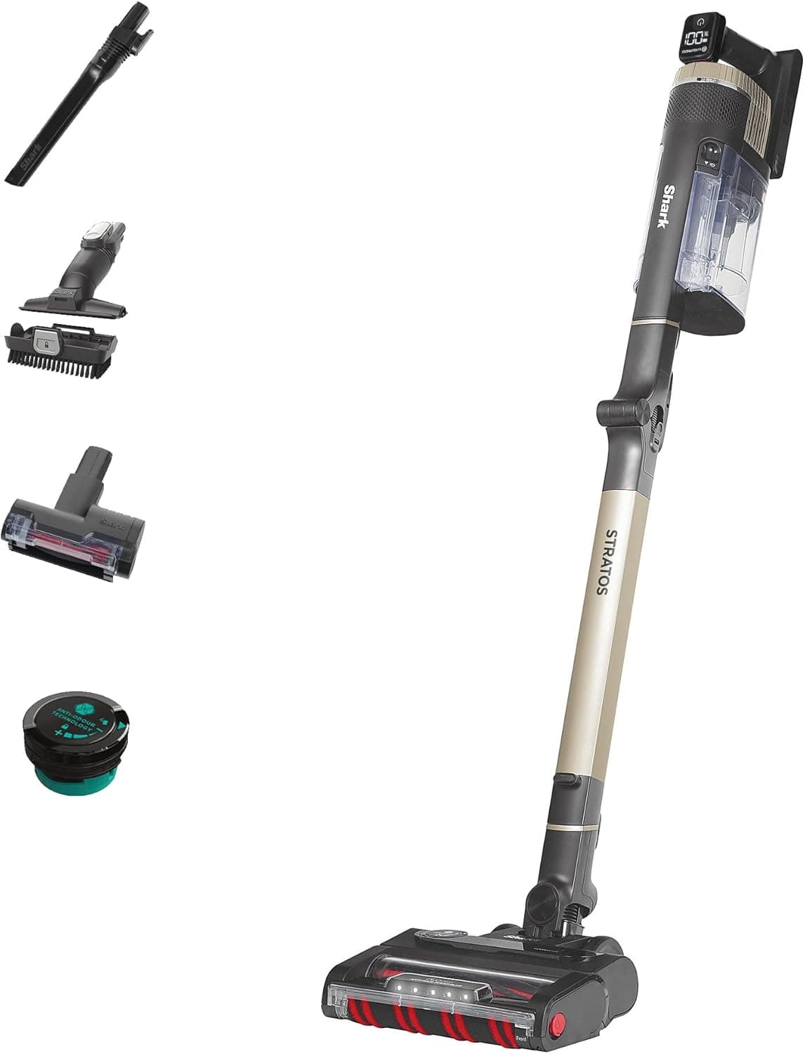 Shark Stratos Cordless Stick Vacuum Cleaner Pet Pro with Anti Hair Wrap Plus, Clean Sense IQ &amp; Anti-Odour Technology, 60 Mins Run-Time, Removable Battery, 3 Attachments, Charcoal/Brass IZ400UKT