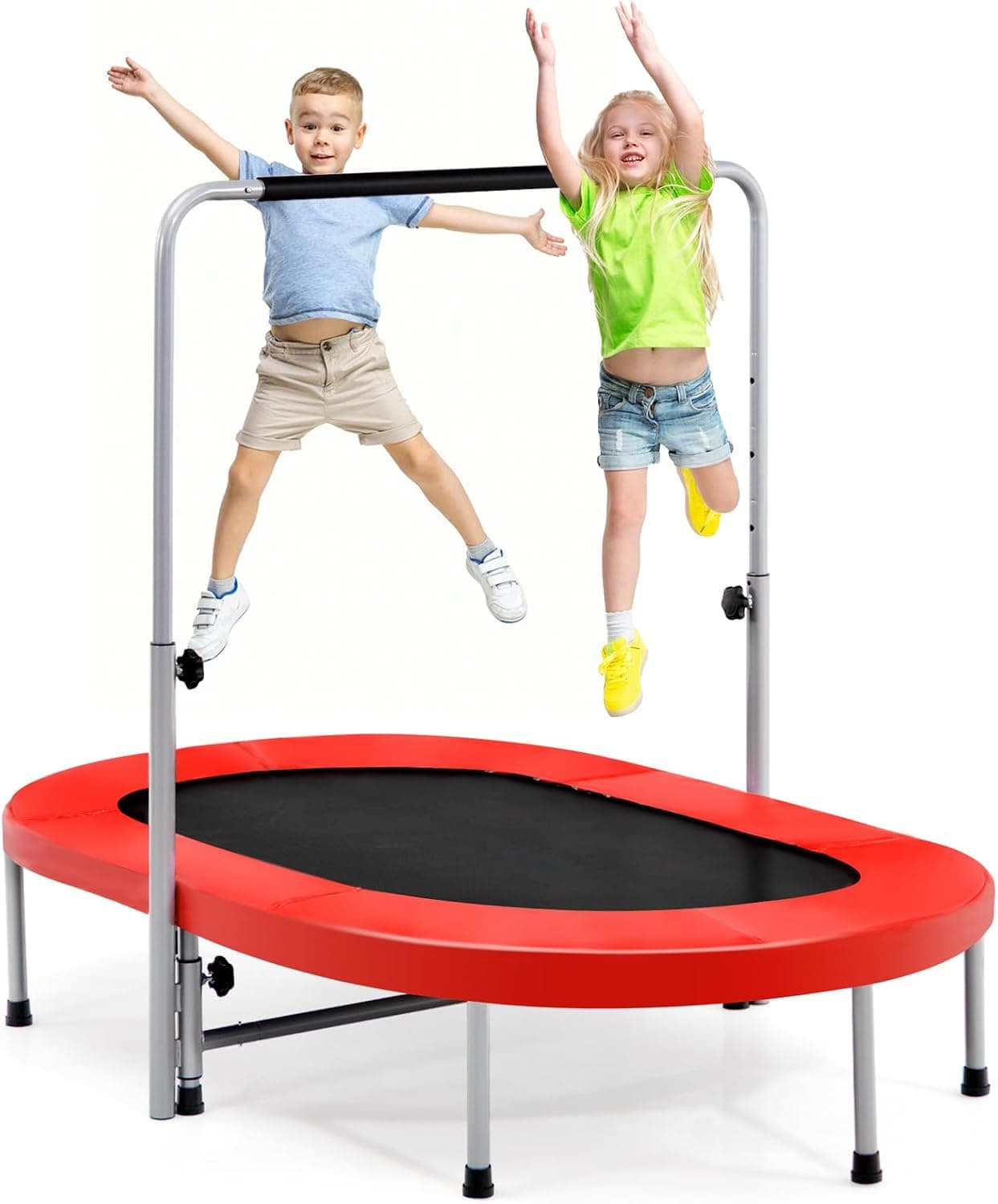 SPOTRAVEL 60’’ Kids Trampoline, 2 Persons Foldable Fitness Rebounder Trampoline with Height Adjustable Handrail &amp; Padded Protective Cover, Indoor Outdoor Exercise Jumper for Adults Toddler (Red)