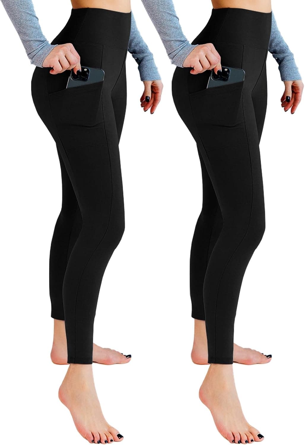 Leafigure 2 Pack Gym Leggings for Women High Waist Opaque Leggings with Pockets for Workout Sport Yoga Running Black SM