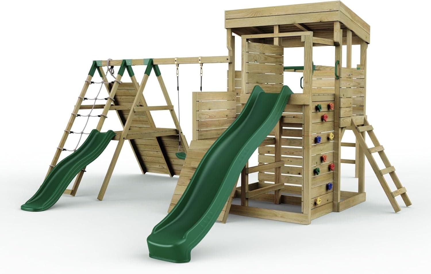 Rebo 2 Tier XL Lookout Tower Playhouse with Single Swing and Monkey Bars plus Climbing Wall | with 9ft &amp; 6ft Slide | Ladder | Pressure Treated Timber, Safe for Children | OutdoorToys | Climbing Wall |