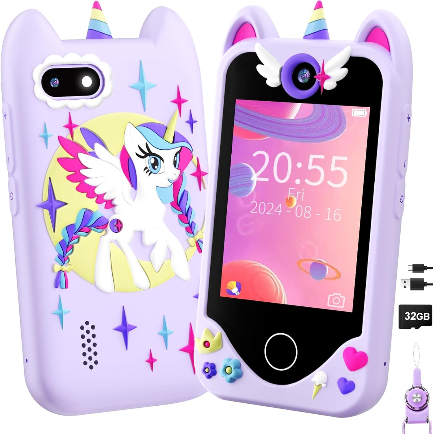 Kids Smart Phone for Girls Gifts - Toddler Christmas Birthday Gift for Age 3 4 5 6 Year Old, Kids Mobile Phone Toy with Touchscreen, Dual Cameras, Learning, Music Player, Games with 32 GB Card