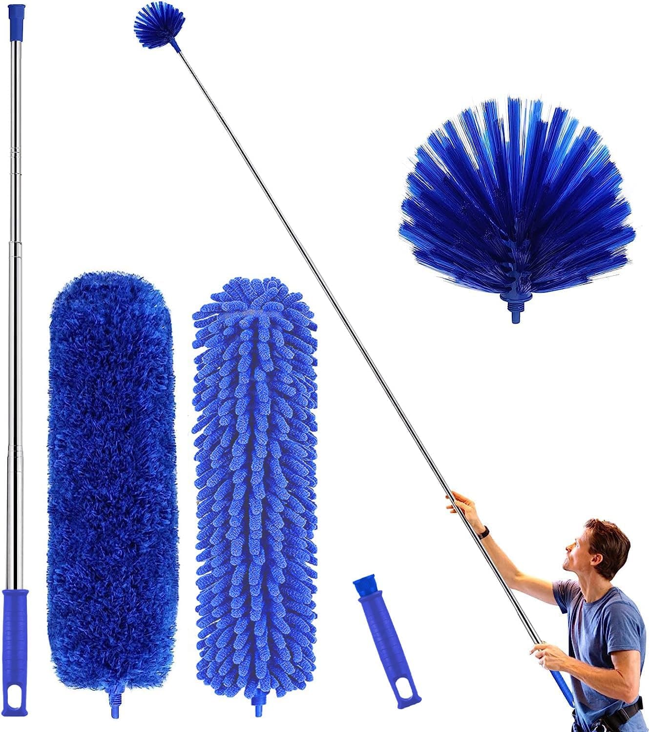 Microfiber Duster, Feather Duster Cleaning Kit with Telescoping Extension Pole 30-81 Inch, Reusable Bendable Dusters, Washable Lightweight Dusters for Cleaning Cobwebs Ceilings Fans
