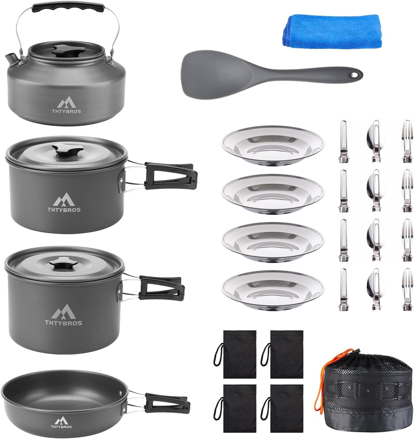 THTYBROS 27-Piece Camping Cookware Set for 2–4 People, Portable Cooking Set with Kettle, Pots &amp; Pans, Stainless Steel Cutlery, Plates and Dishware for Trekking, Picnics and Outdoor Adventures