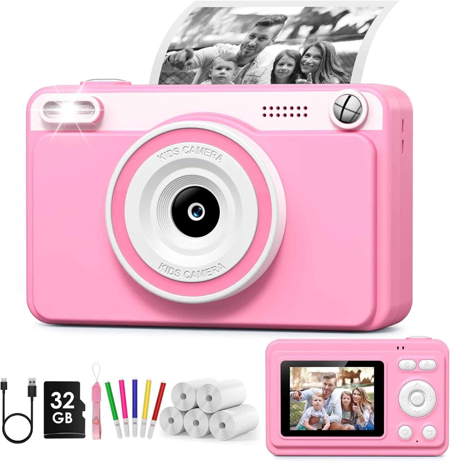 GREENKINDER Kids Camera Instant Print, 1080P Instant Camera for Kids with 5 Rolls Print Paper &amp; 32GB Card, Kids Digital Cameras Christmas Birthday Toddler Boys Gifts for Girls Toys Age 3-12: Amazon.co.uk: Toys &amp; Games