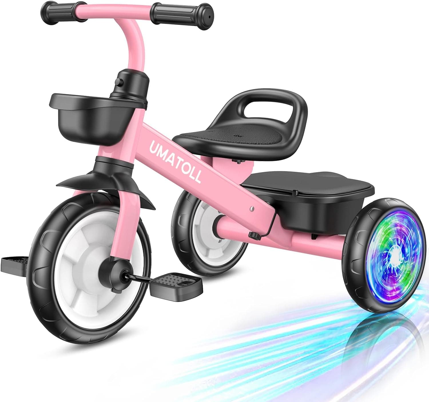 Umatoll Trike for Toddlers 2-5 Year Old, Ajustable Toddler Bike Outdoor Toys, Birthday Gift for Boy Girl Age 2-4, Tricycle with Light up Wheels (Pink)