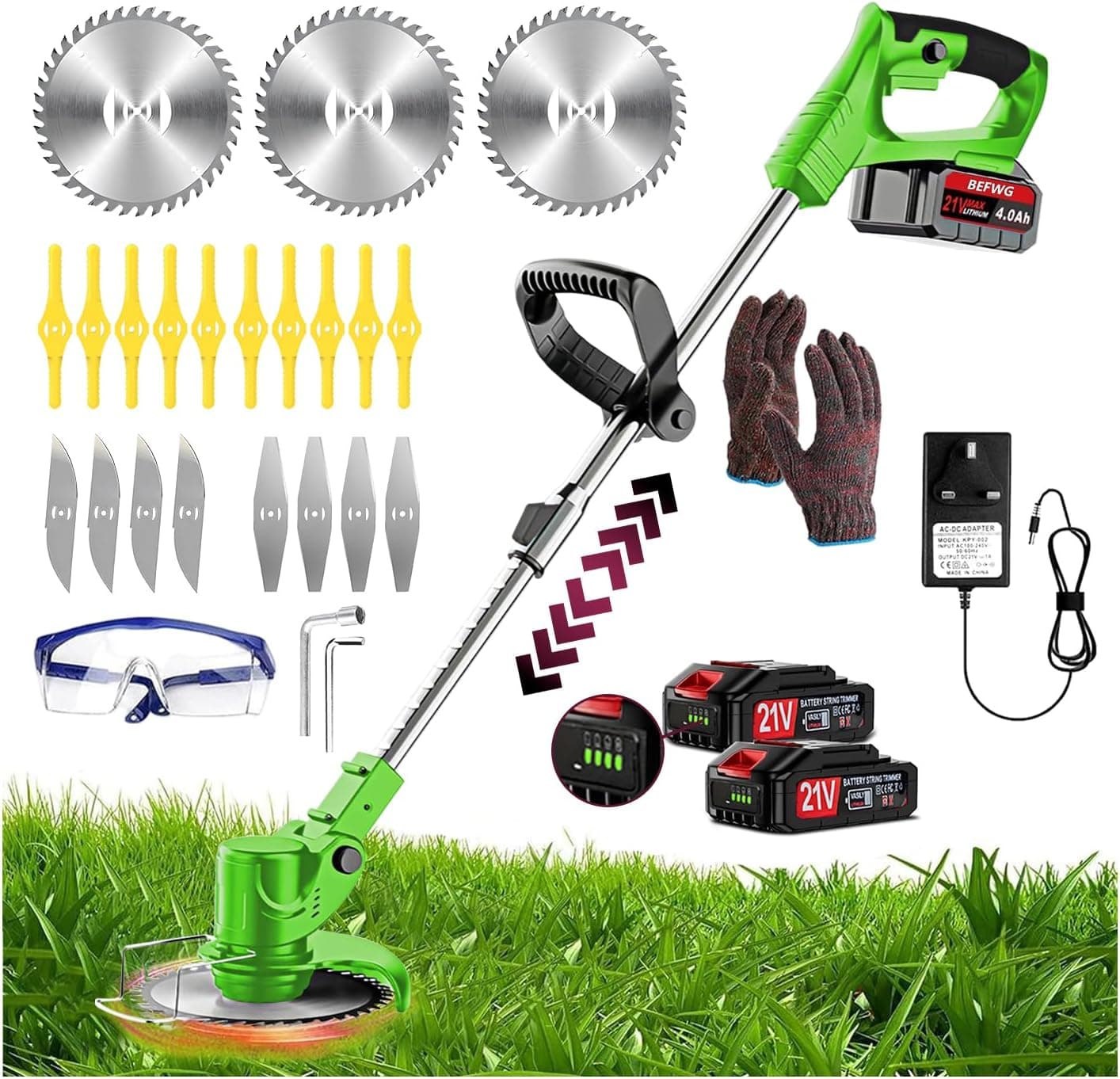 Strimmer Cordless Strimmer Telescopic Lightweight Grass Trimmer Garden Strimmer Electric Cordless with 2×21V Lithium Battery Fast Charger and Four Kinds Spare Blades for Garden Clearing Weeds