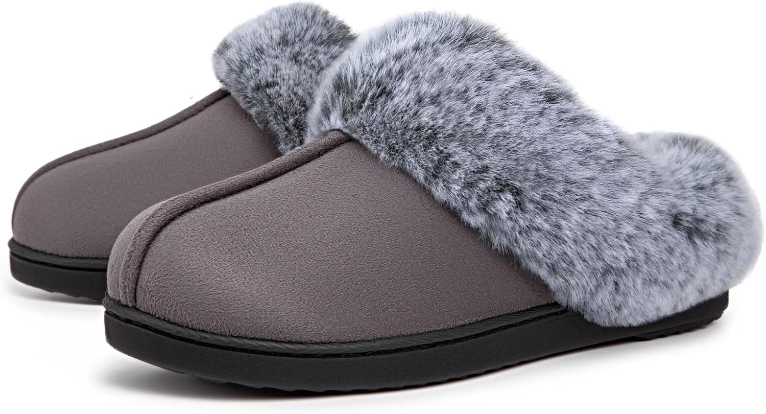 VeraCosy Women's Classic Suede Memory Foam Slippers Anti-Skid Scuff with Warm Faux Fur Collar, Dark Grey, 9/10 UK: Amazon.co.uk: Fashion