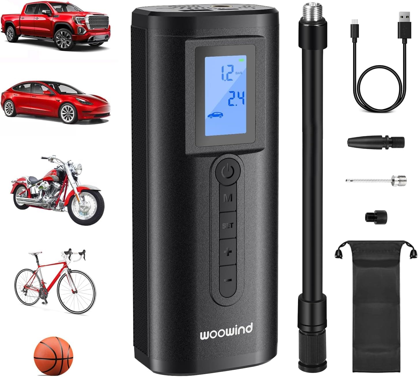 Woowind AP2-P Cordless Tyre Inflator Electric Bike Pump with Digital Pressure Gauge, Rechargeable Car Portable Air Compressor Tyre Pump for Car, Bicycle, Motorcycle, Scooter,Balls