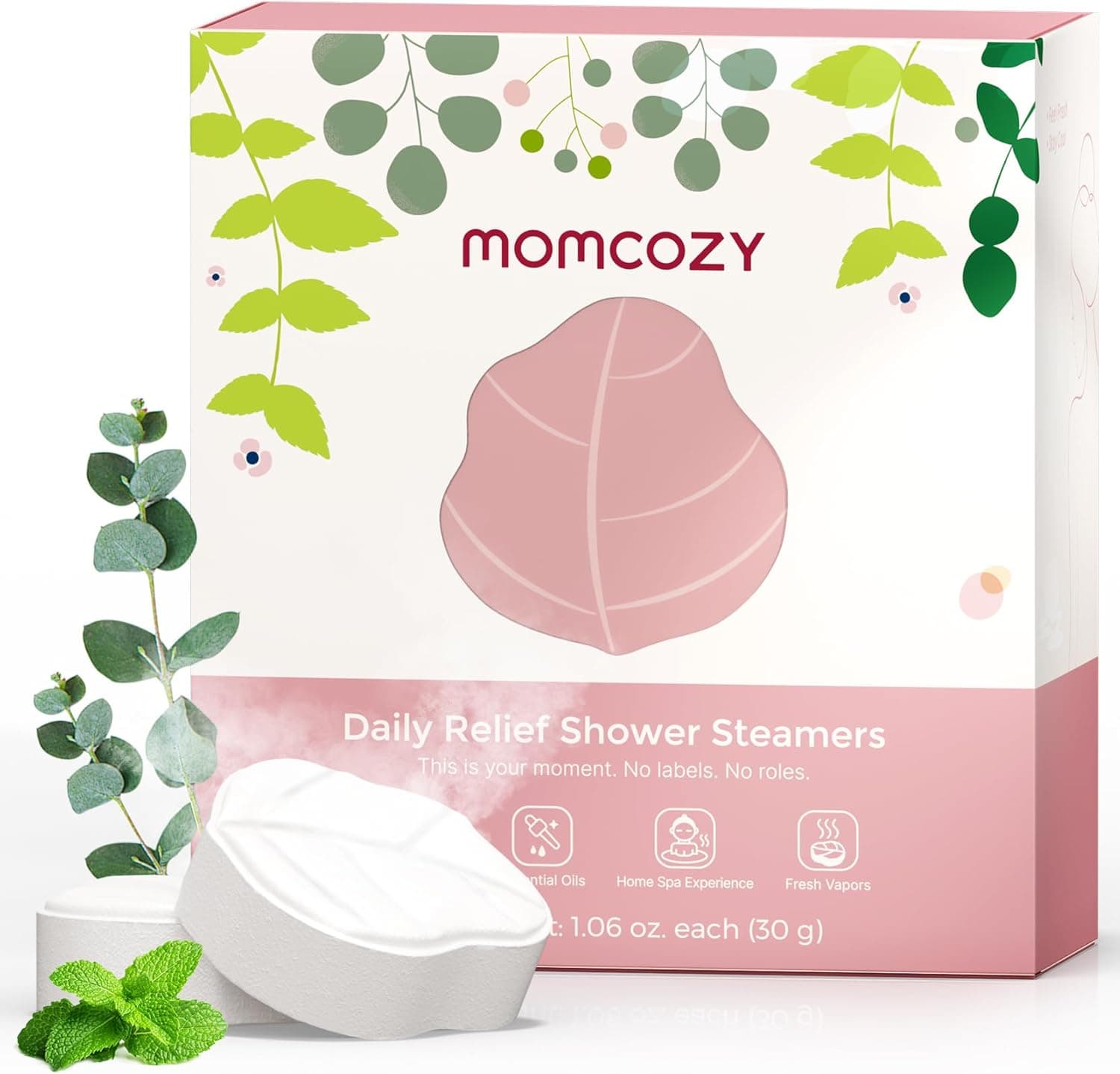 Momcozy 14 Pack Shower Steamers Spa Gifts - Eucalyptus Leaf Shape, with Natural Peppermint &amp; Eucalyptus Essential Oil for Relaxation, Long-Lasting, Thoughtful Birthday and Holiday Essentials