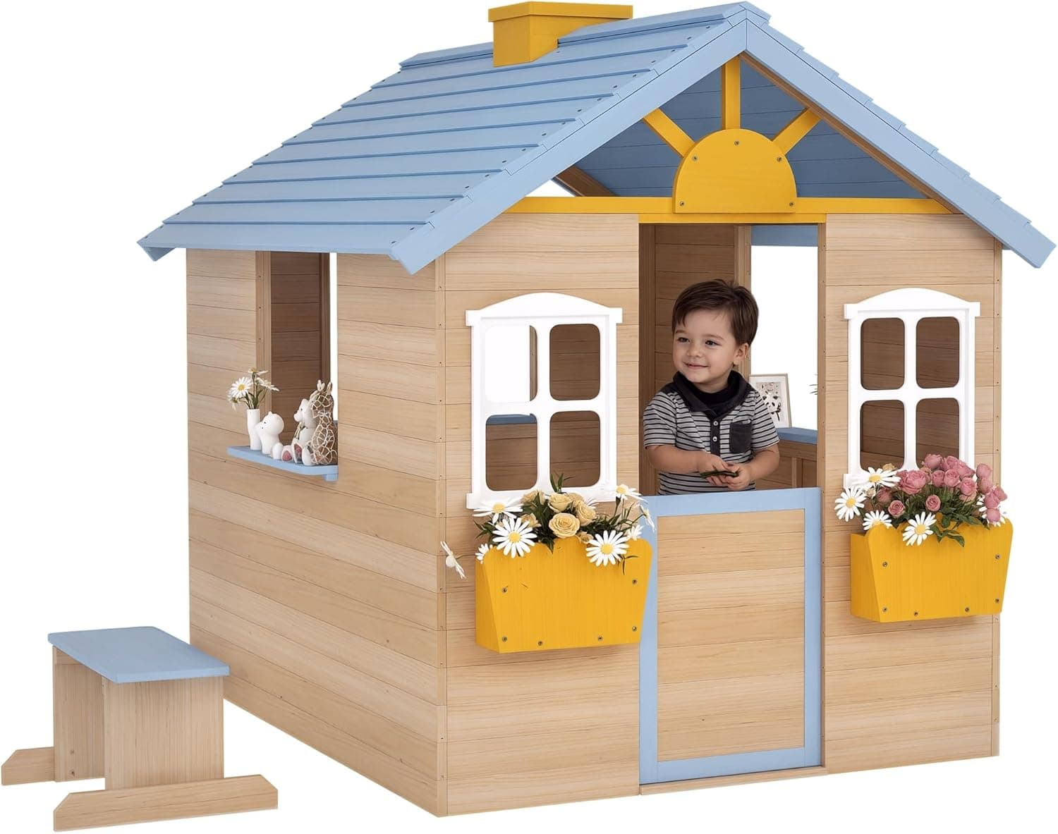 Outsunny Wooden Playhouse for Kids, Outdoor Wendy House with Picnic Bench, Door, Windows, Service Stations, Flower Pot, Pretend Play for Ages 3-7 Years, Blue