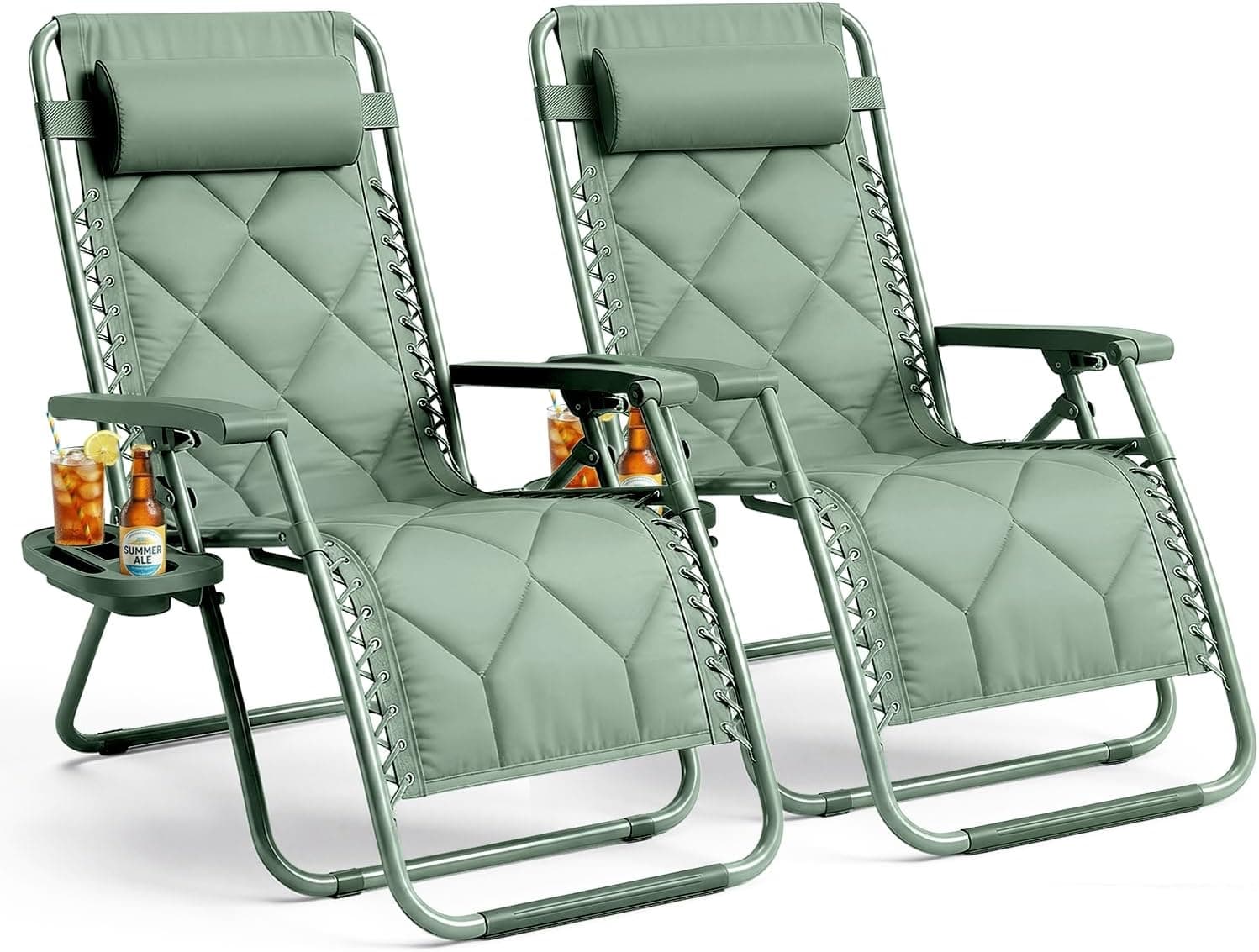 KEPLIN Set of 2 XXL Premium Heavy Duty Quilted Zero Gravity Chairs - Luxurious Garden Recliners, Adjustable Headrest, Cup &amp; Phone Holder, Foldable, Easy to Clean Patio Sun Loungers (Green)