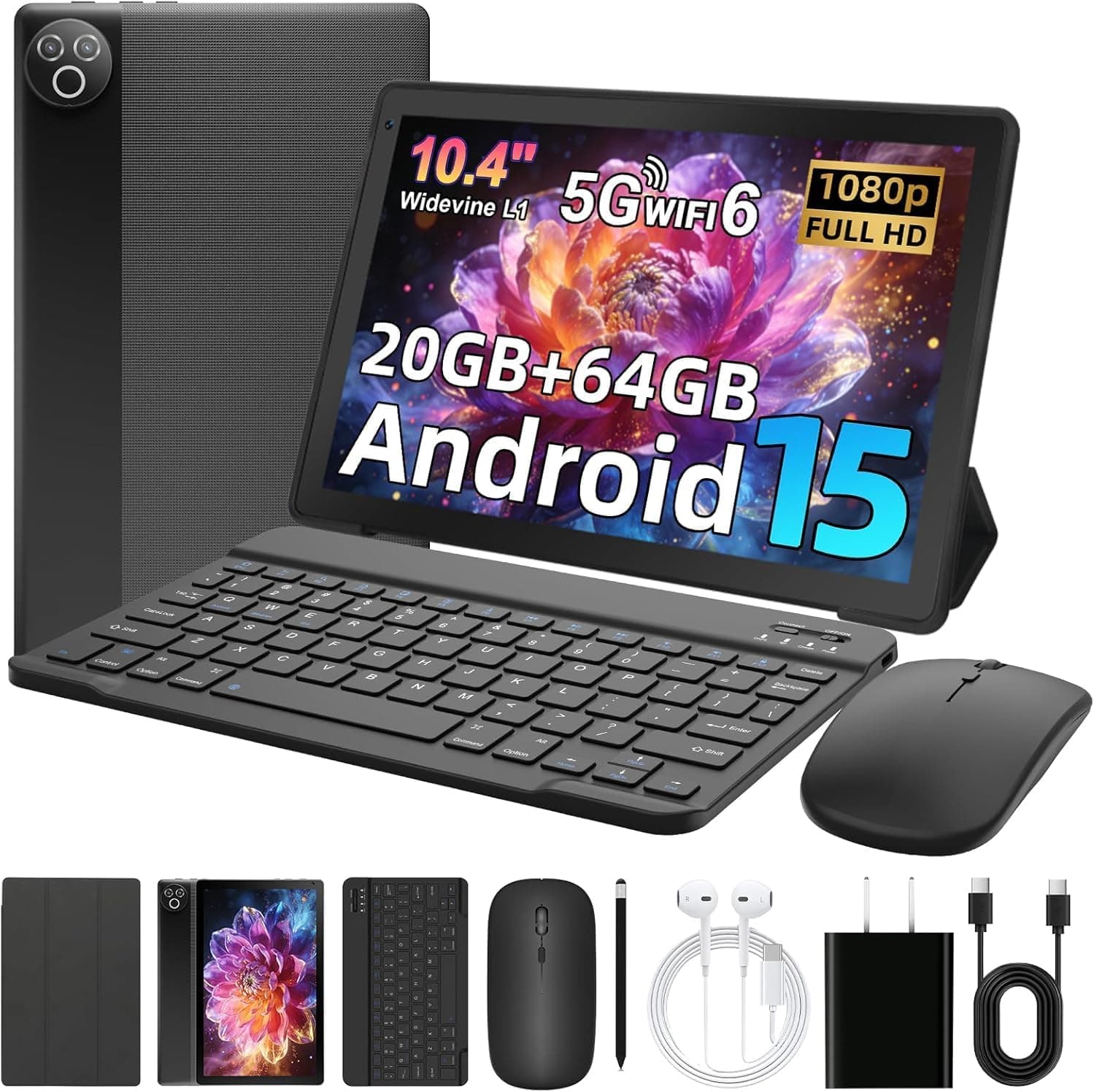 MUISOO Android 15 Tablet, 10.4 inch Tablet, Android Tablets with Keyboard Pen Case Mouse Earphone, 20GB RAM+64GB ROM (TF 1TB), 5000mAh, WiFi 6, BT5.4, Dual Cameras &amp; Speakers, Black