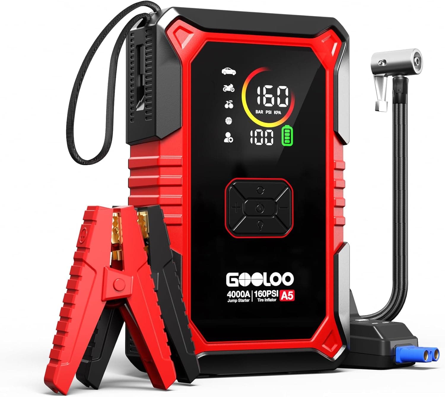 GOOLOO A5 Jump Starter with Air Compressor, 4000A Car Battery Booster (All Petrol/10L Diesel), 160PSI Auto-Shutoff Tire Inflator, 12V Car Jump Starter Power bank with LCD Screen, Emergency Light
