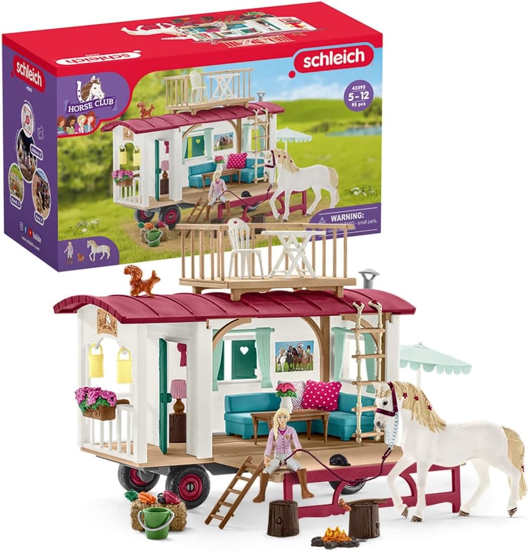 Schleich Horse Club - 95PC Sofia's Secret Camper Playset with Removable Rooftop Balcony - Includes Camper, Horse and Rider Figurines and Accessories - Modular Play Set for Girls - Kids Ages 5+ | 42593