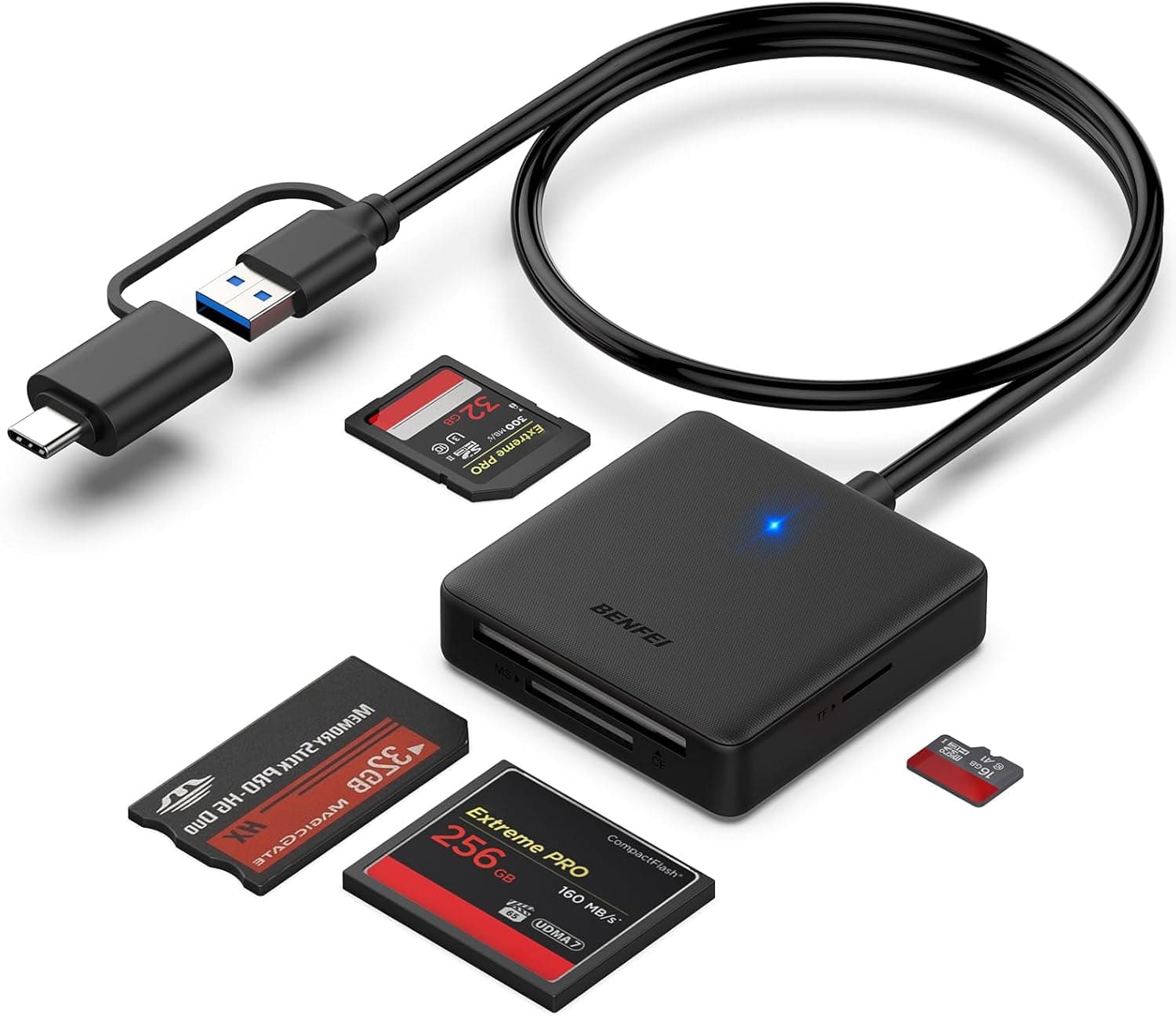 Memory Card Reader, BENFEI 4in1 USB 3.0 and USB-C to SD Micro SD MS CF Card Reader Adapter, 4 Cards Simultaneously Read and Write, Compatible with iPhone 15 series, MacBook Pro/Air 2023, and More: Amazon.co.uk: Computers &amp; Accessories