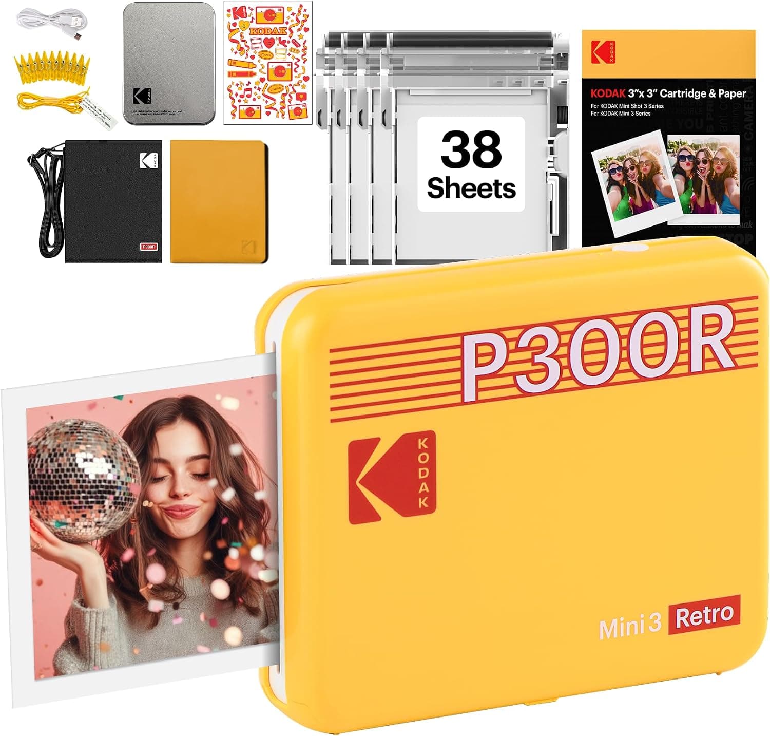 KODAK Mini 3 Retro 3x3'' Portable Photo Printer, 38 Sheets Gift Bundle, Bluetooth Smartphone Printer for iOS &amp; Android, Instant Color Prints, 4PASS Dye Sublimation, Yellow: Amazon.co.uk: Computers &amp; Accessories