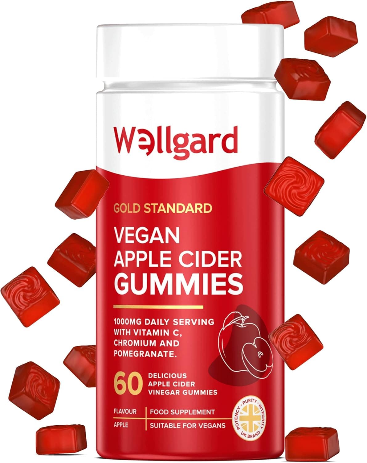 Wellgard Vegan Apple Cider Vinegar Gummies, Gold Standard 1000mg ACV Gummies with Vitamin C, Chromium and Pomegranate, Non-GMO, Gluten-Free &amp; Gelatine-Free