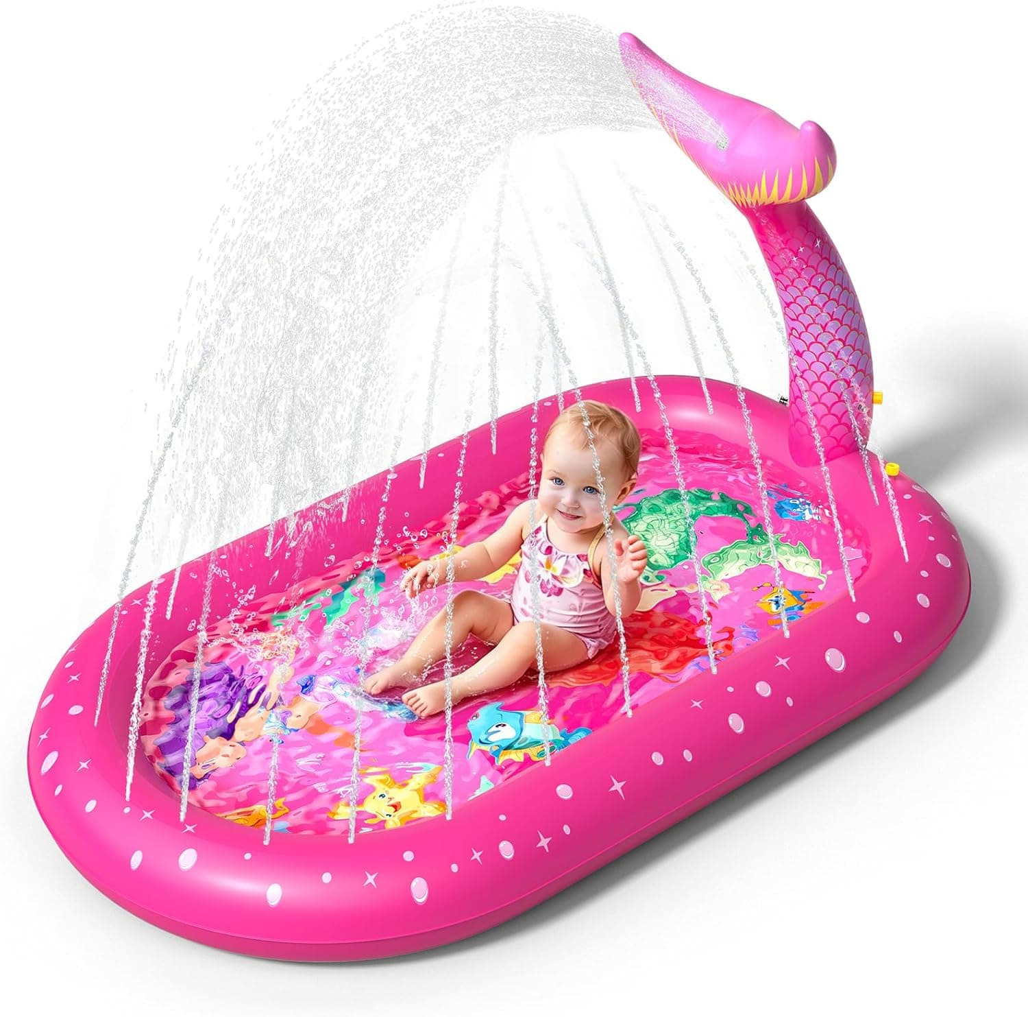 Inflatable Paddling Pool for Kids, Splash Pad for Kids, 3 in 1 Mermaid Pattern Kids Pool Inflatables, Thickened Material with Water Pipe, Backyard Summer Water Toys for Boys and Girls Age 1+