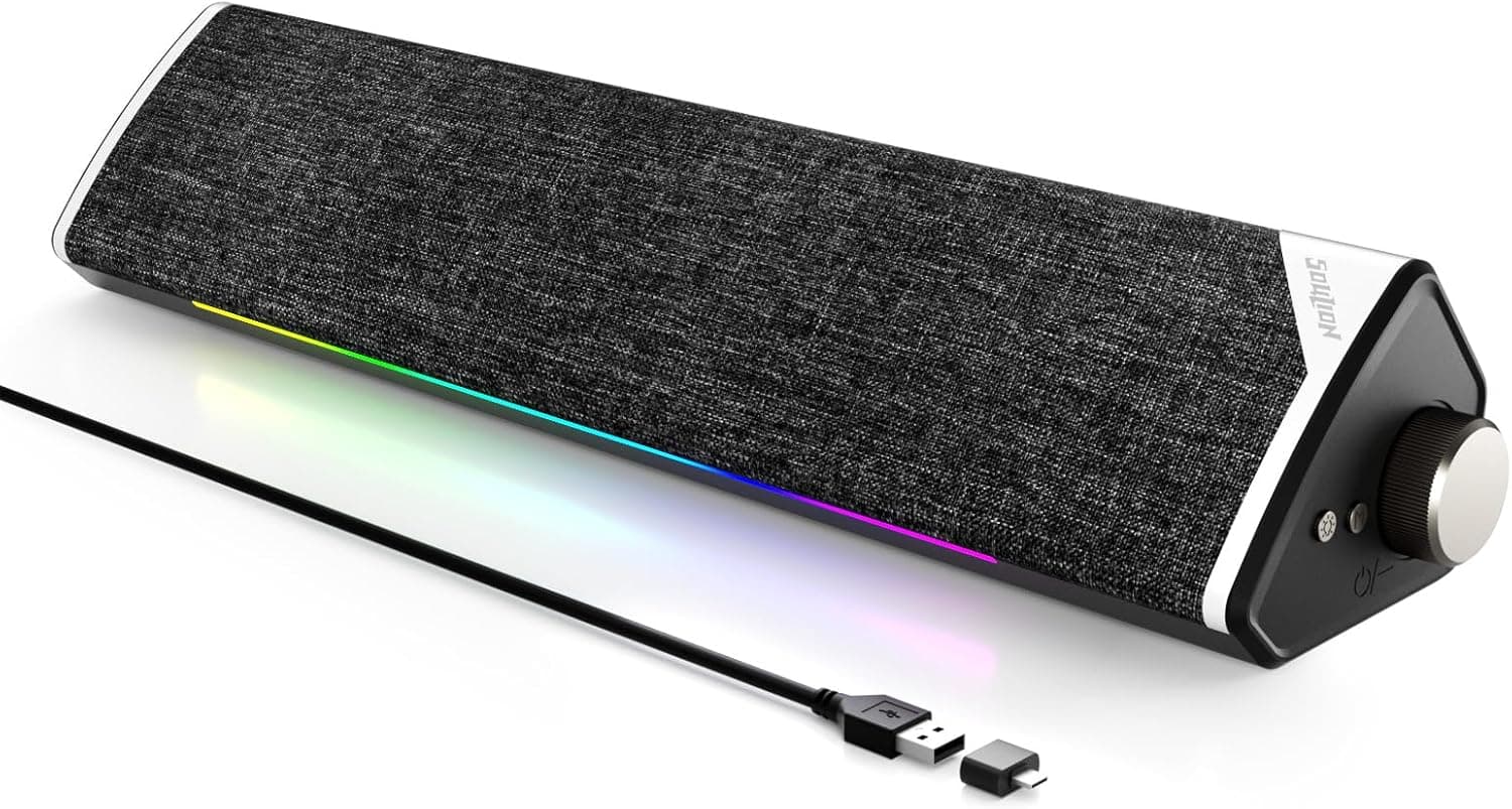 SOULION R60 PC Speakers Bluetooth 5.3 Soundbar for Desktop Computer, Laptop, Gaming, Monitor, with 5 LED Lighting Effects, USB Powered with USB-A to C Adapter, with 3.5mm Aux Jack