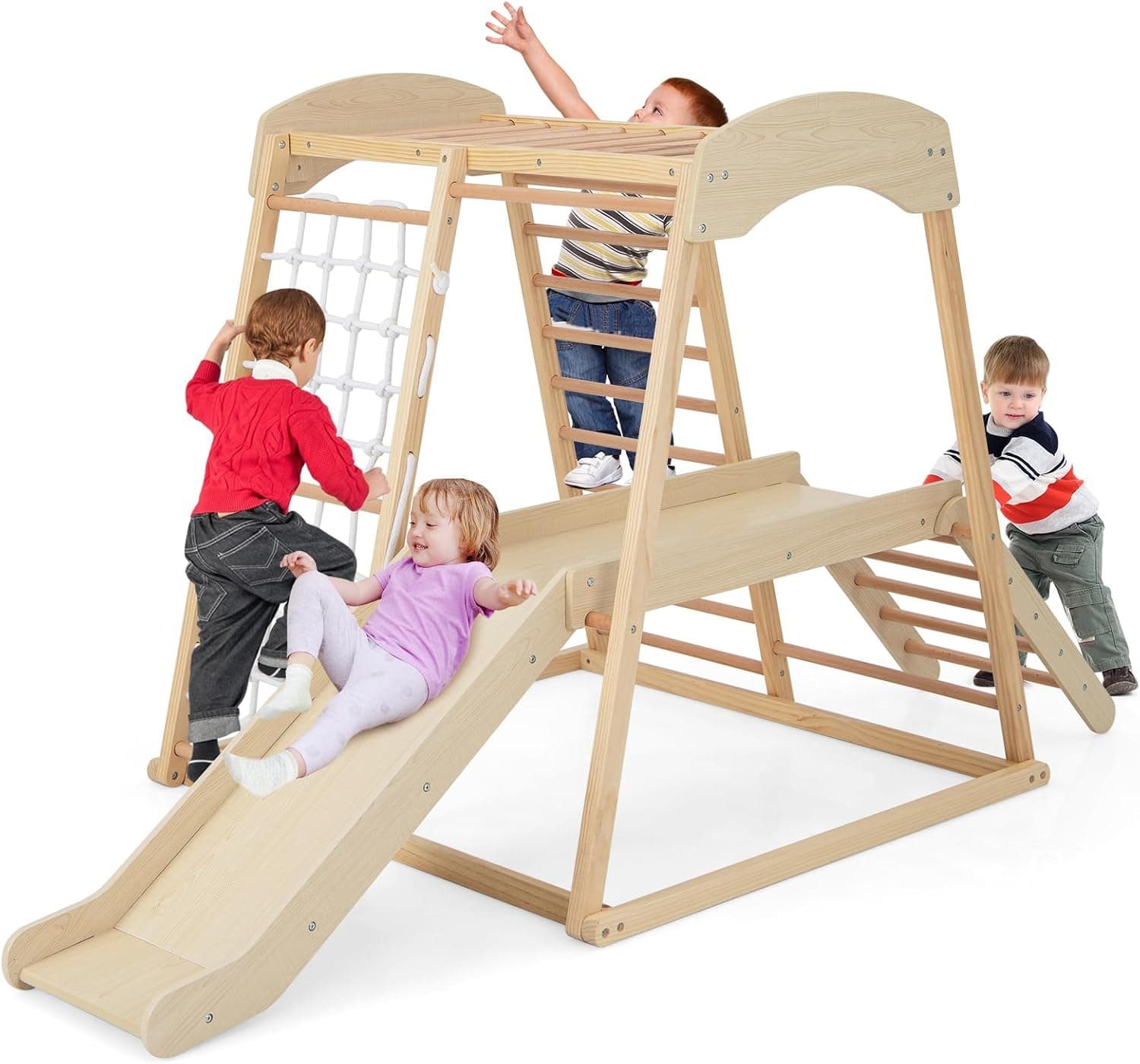 COSTWAY Kids Climbing Frame, Wooden Playground Jungle Gym with Slide, Climbing Ladder/Rope, Monkey Bars, Indoor Climber Playset for Toddlers (Natural)
