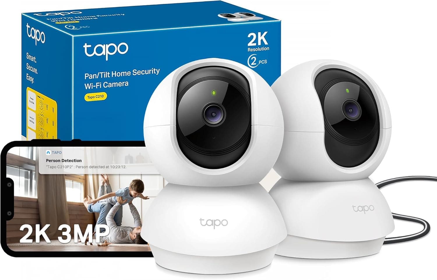 Tapo Wifi Indoor Camera, 2K 3MP Full HD Baby Camera, 360° Security Wireless Pet Camera, Night Vision, Work with Alexa &amp; Google Home, 2 Pack C210P2 (Package may vary)