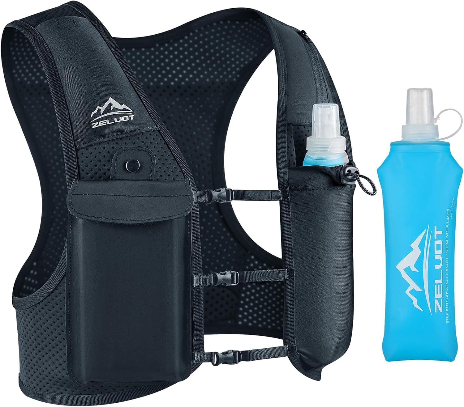 Zelvot Running Vest for Women Men, UK Original Patent, Adjustable Chest Straps Running Hydration Vest with 500ml Water Bottle, Reflective Hydration Backpack with Phone Holder