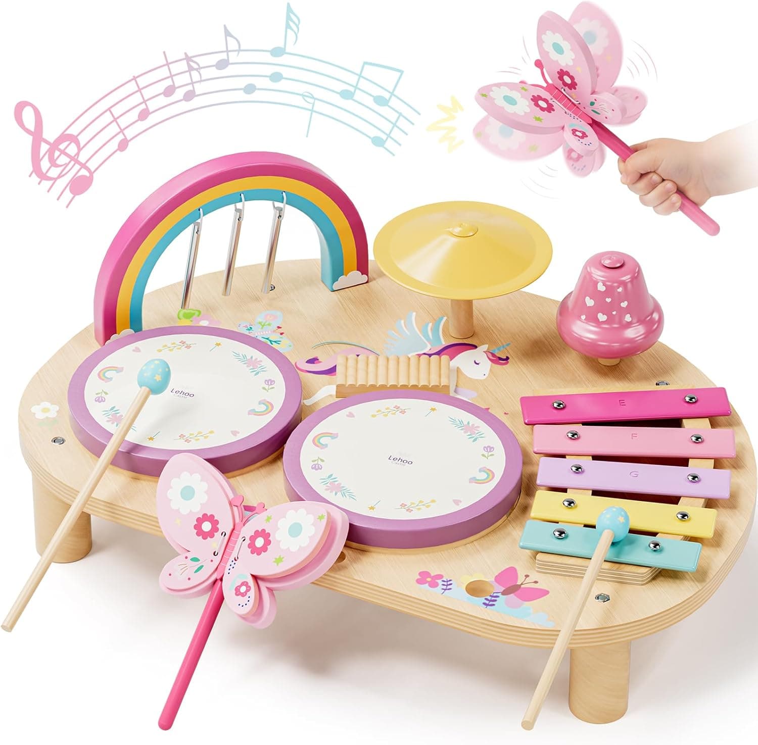 Lehoo Castle Unicorn Kids Drum Kit, Montessori Educational Toys Gifts for 1-3 Year Old Girls, Baby Toddler Wooden Musical Instruments Toys with Xylophone &amp; 2 Drums 12M+