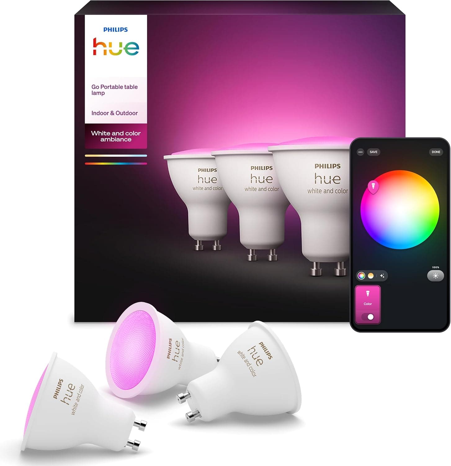 Philips Hue GU10 – Smart LED Spotlight – (3-Pack) White and Colour Ambiance