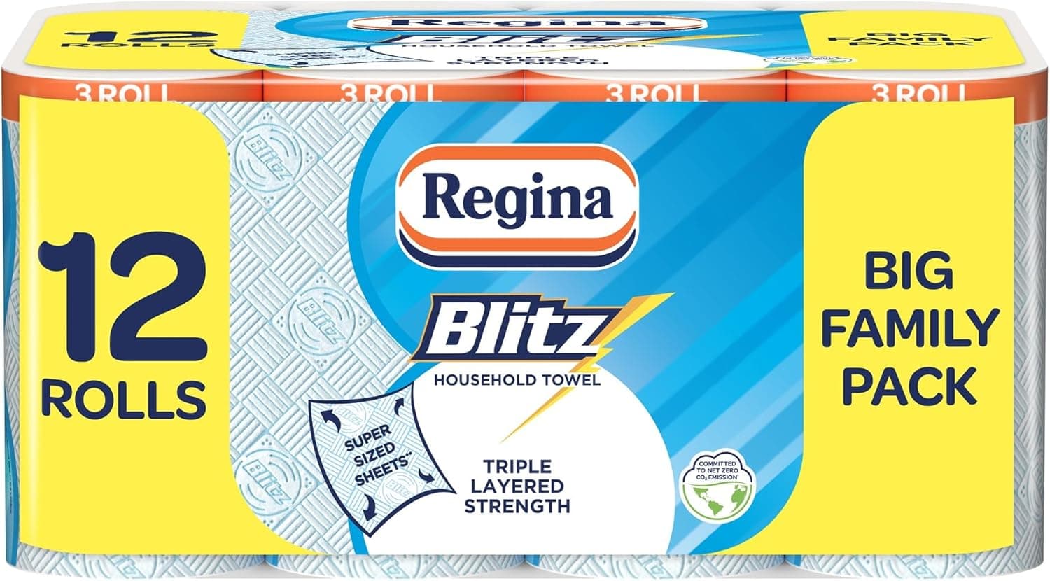 Regina Blitz Household Towels – 12 Triple Layered Rolls, 70 Sheets Per Roll, Recyclable-Paper Packaging, FSC Certified Paper, 60% Larger Than Standard Kitchen Roll Sheets