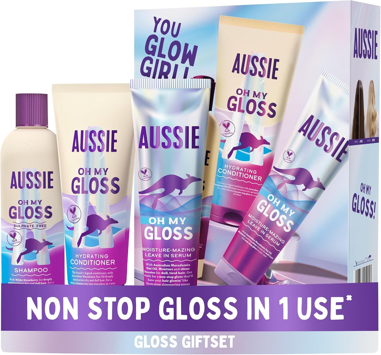 Aussie Oh My Gloss Hydrating Giftset: Shampoo 300ml, Conditioner 200ml, Lightweight Leave-in Serum 160ml. Moisture &amp; Shine Booster for Dull, Dry Hair, with Jojoba, Safflower, Macadamia Nut Oils