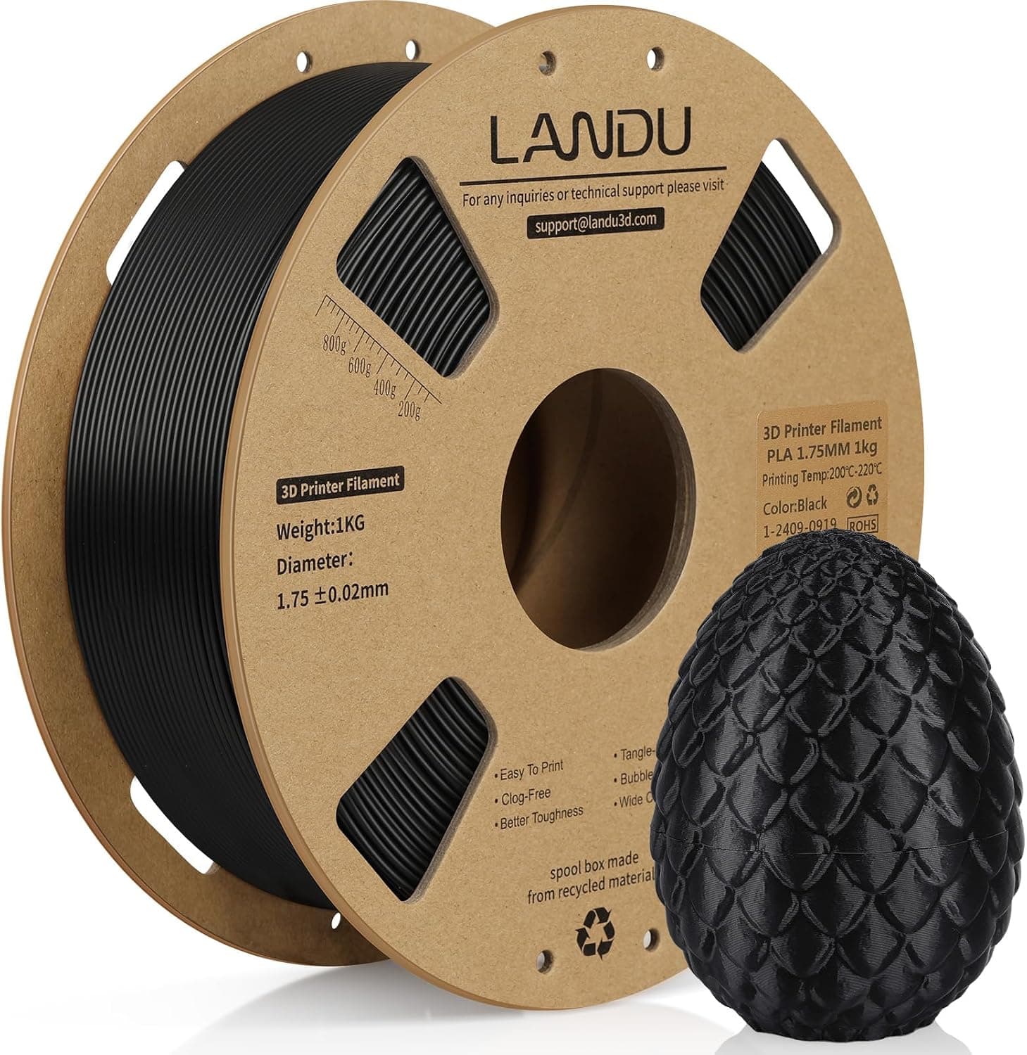 LANDU PLA Filament 1.75mm 1KG 3D Printer Filament Black PLA Dimensional Accuracy +/- 0.02mm Filament 3D Printing Materials 2.2lbs Cardboard Spool for Most 3D Printers