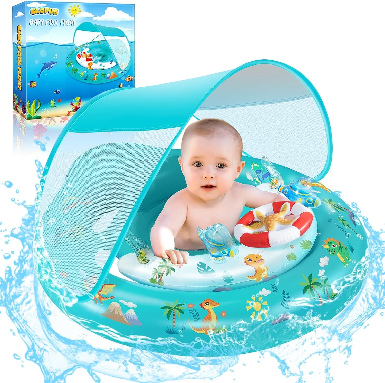 GLOPUS Baby Swimming Float, Baby Pool Float with Canopy, Inflatable Baby Swim Float, Toddler Pool Swimming Float for 6-36 Months, Adjustable Safety Seat, UPF 50+ Sun Protection Roof &amp; Toy