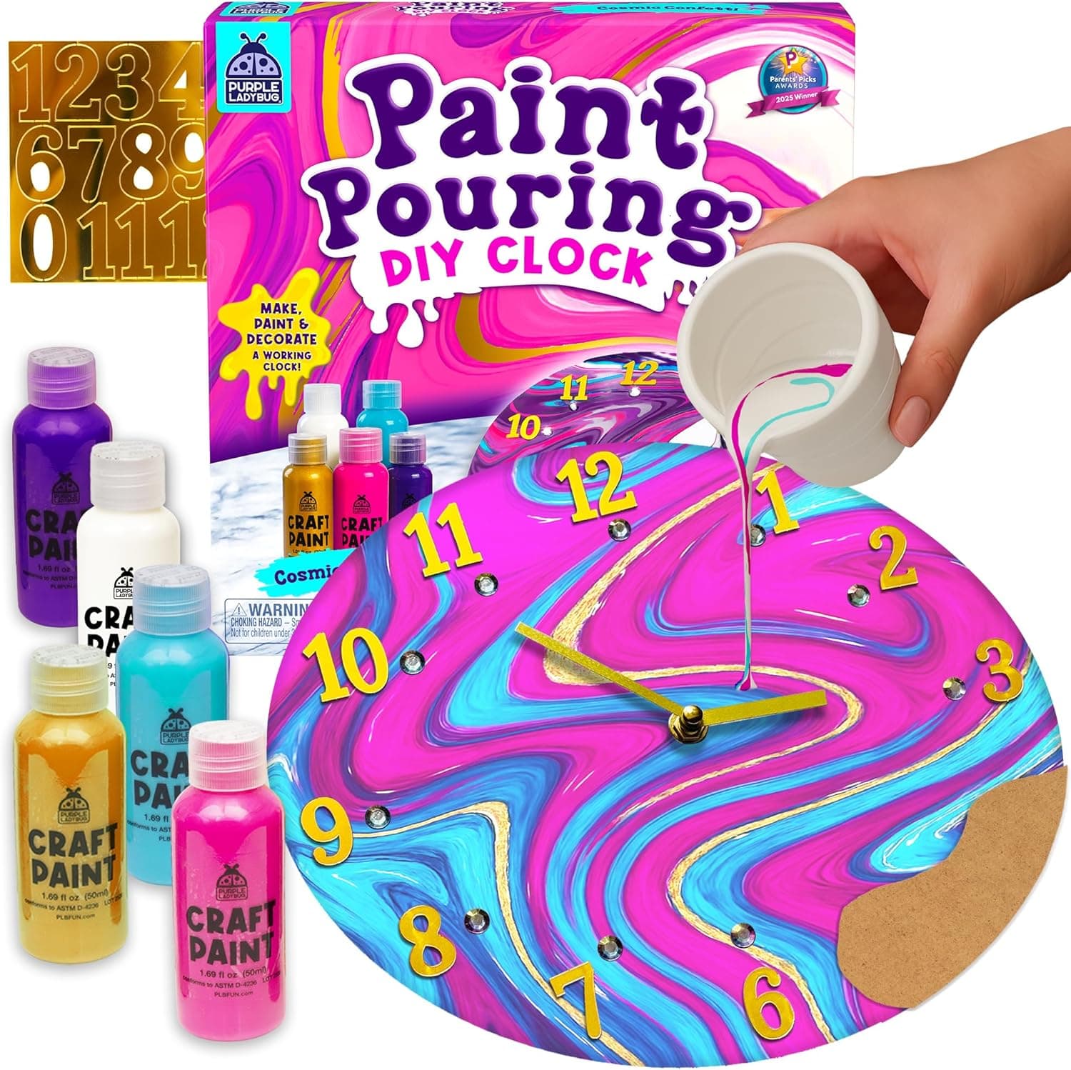 Paint Pouring DIY Clock Kit for Kids Ages 6-12 - Complete Craft Kit with 5 Colourful Paints, Gems, &amp; Stickers, Arts &amp; Crafts Gift for Girls &amp; Boys, Fun Activity &amp; Birthday Present (Cosmic Confetti)
