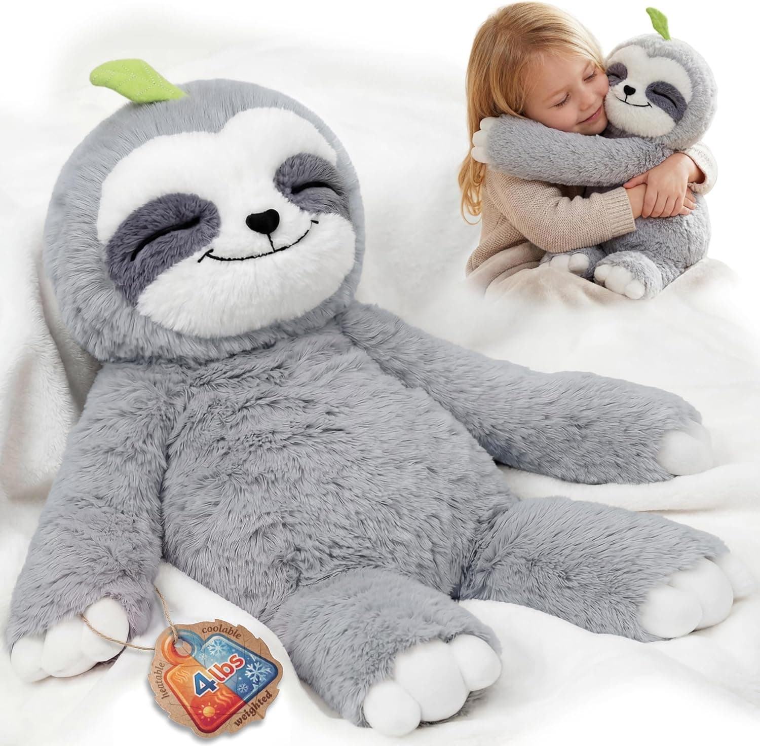 Mewaii Weighted Teddy Sloth Gifts, Heat &amp; Cool, 1.5kg (3.5lb), 52cm | Cuddly Soft Pillow Shape, Microwaveable Inner Pad, Natural Ceramic Bead Filling, Cozy Gifts For Kids &amp; Adults