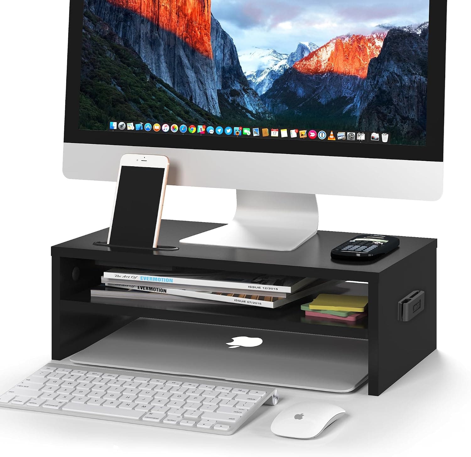 BONTEC Monitor Stand Riser, 2 Tier Wooden Desk Riser, 420mm Wide, 142mm Height, 30kg Load, Cable Management Slots, Phone Holder, Non Slip Pads, Monitor Riser Stand, Desktop Organiser, Black